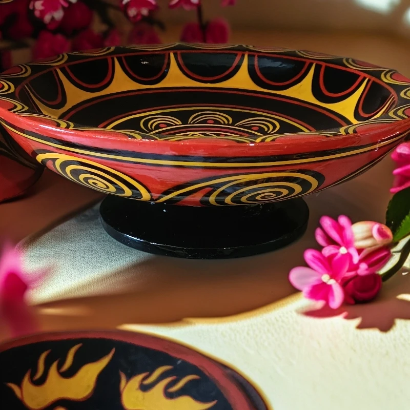 特色手工木盘，红黑黄三色绘就艺术风情纯手工