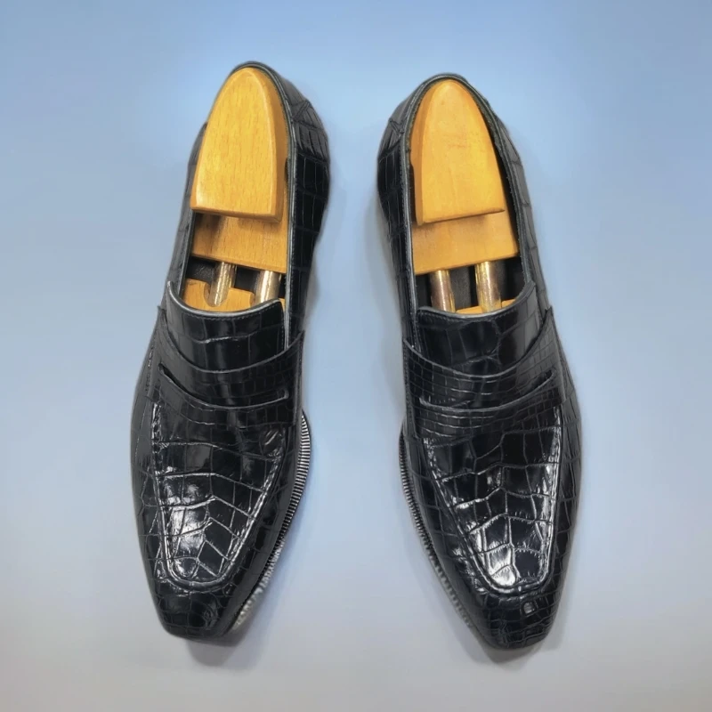 纯手工上线琴弓底乐福鞋南非进口尼罗鳄鱼皮一片式男士休闲乐福鞋