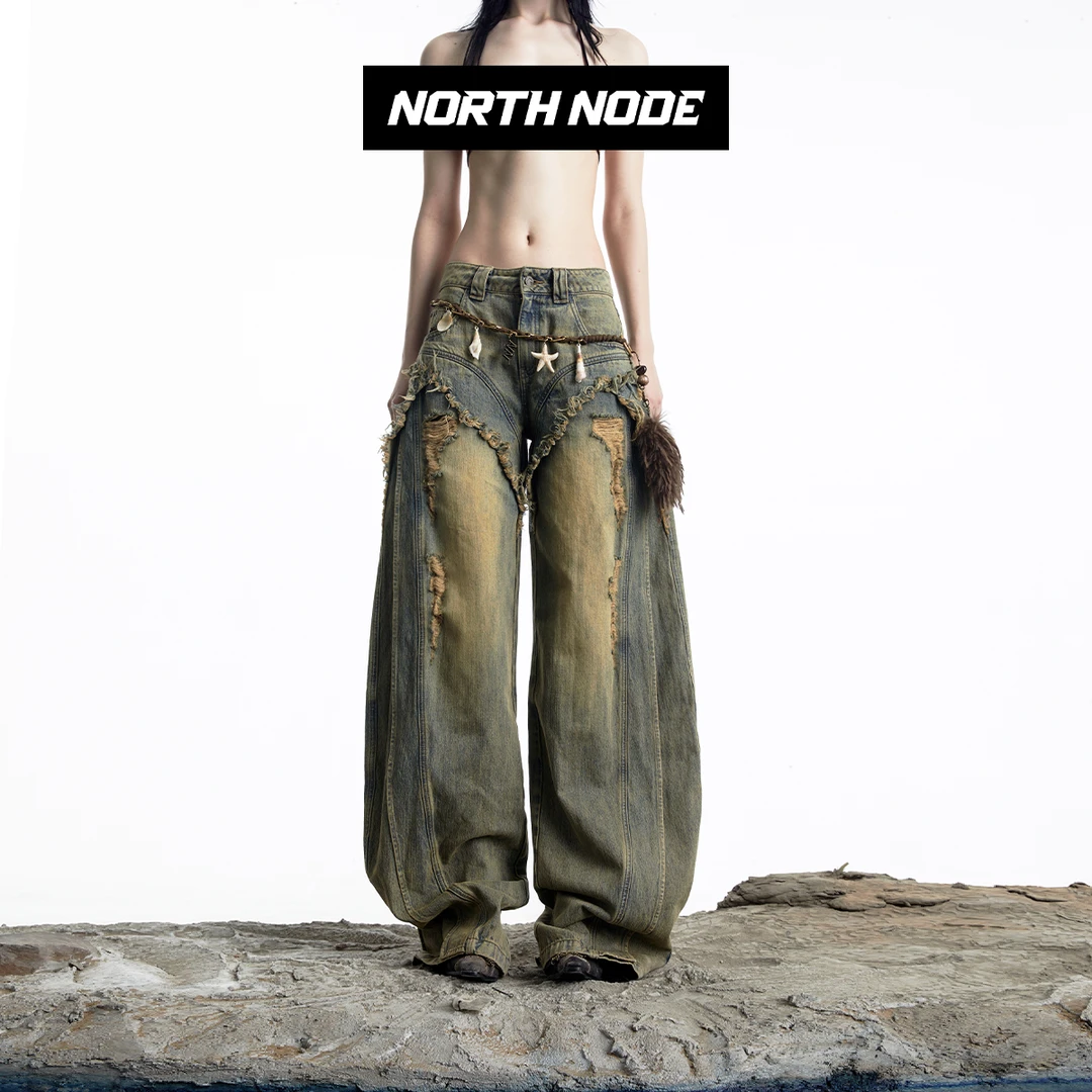 NN-NORTH NODE “丰边廊道”水洗做旧毛边破洞弯刀牛仔裤