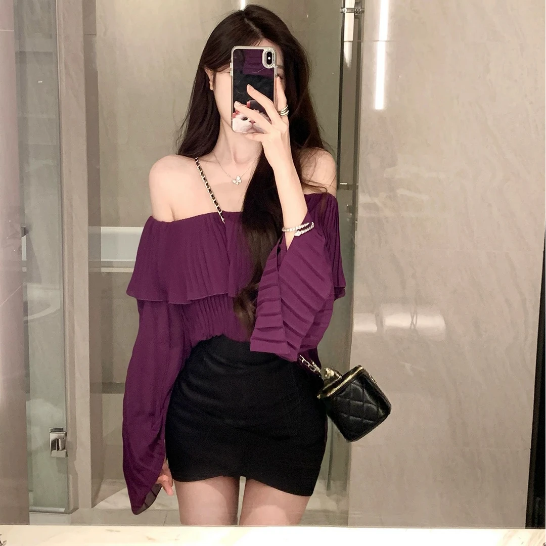 一字肩小衫性感气质雪纺上衣设计感性感名媛气质弹力包裙