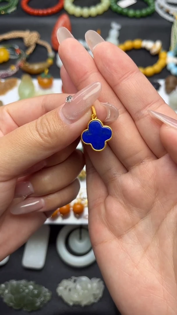 银S925镶嵌青金石颈饰四叶草吊坠