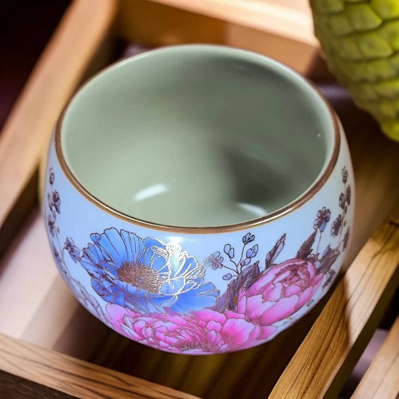 掐丝金牡丹汝窑主人杯1084珐琅彩描金禅定杯大号手绘高档家用