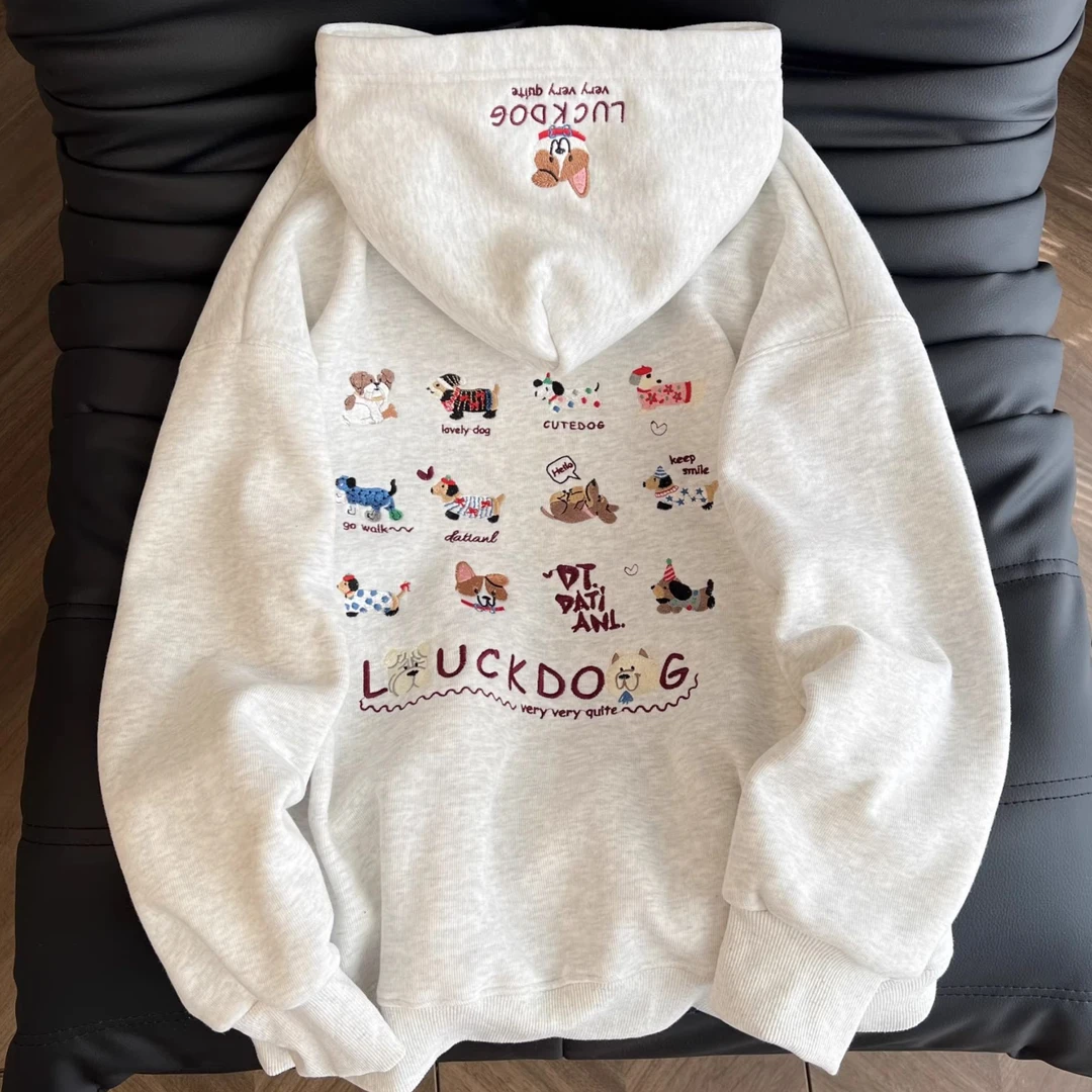 新款重工刺绣腊肠狗加绒加厚连帽卫衣女宽松百搭长袖外套潮卡通