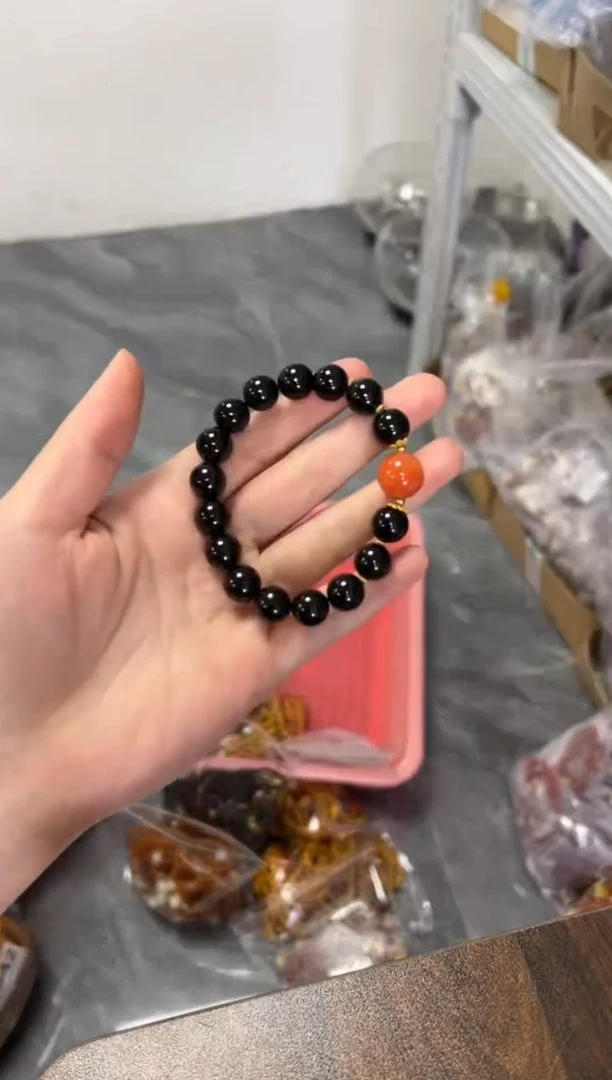 手链银S925镶嵌碧玺黑碧玺南红珠银配件手链[0646]