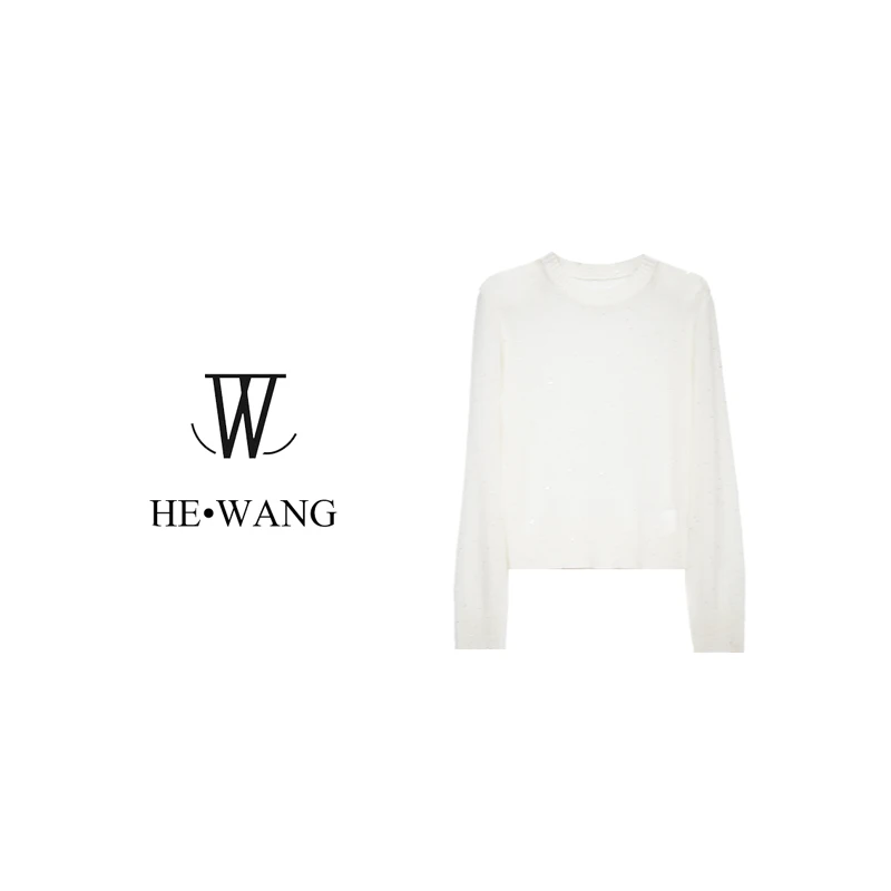 HW 长袖针织亮片毛针织衫上衣女装白色圆领-2390