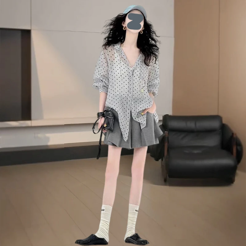 轻奢高级感套装女夏季新款波点防晒衬衫A字裤裙套装慵懒风两件套