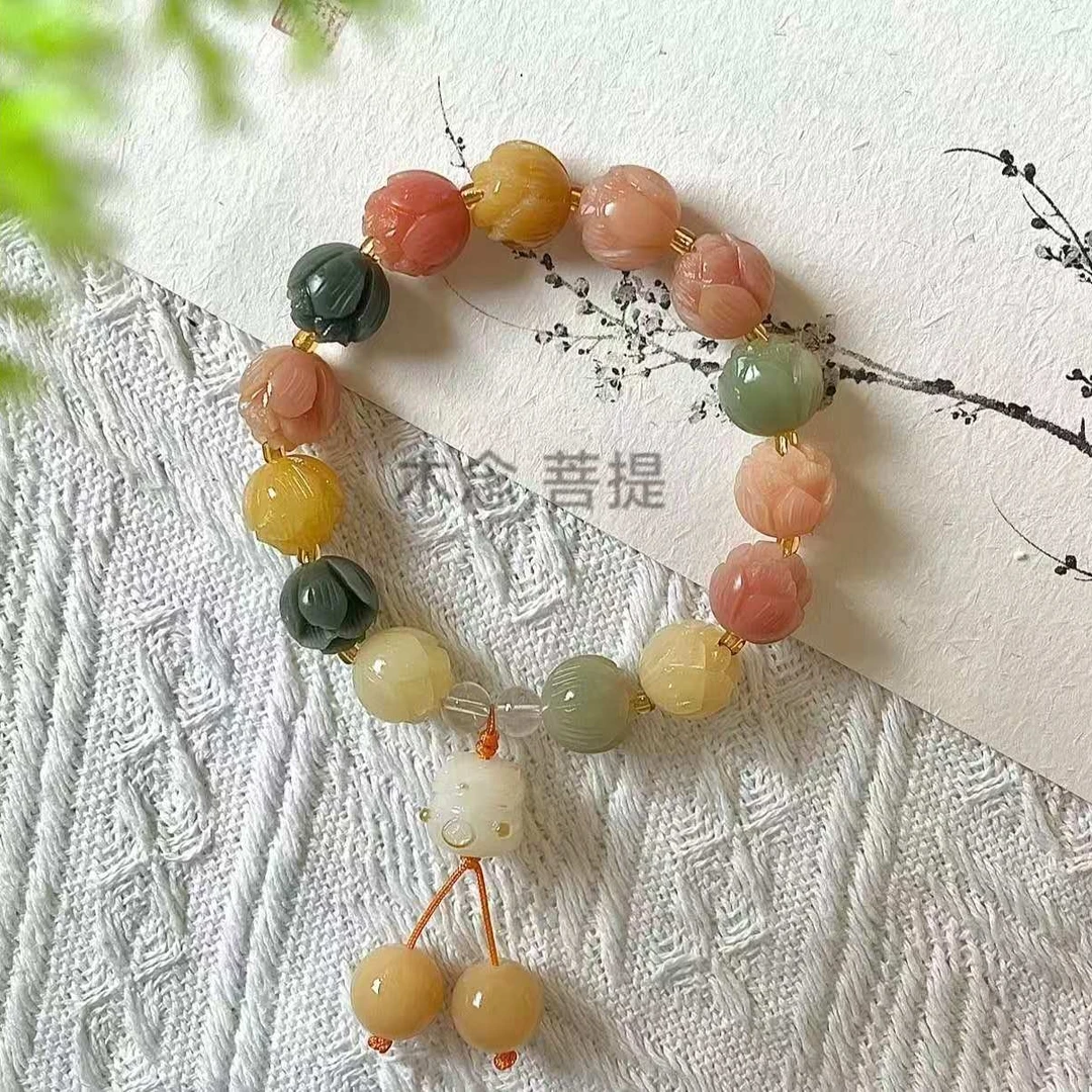 有钱花不完菩提莲花手串招手小猫菩提吊坠多宝单圈菩提根女生饰品