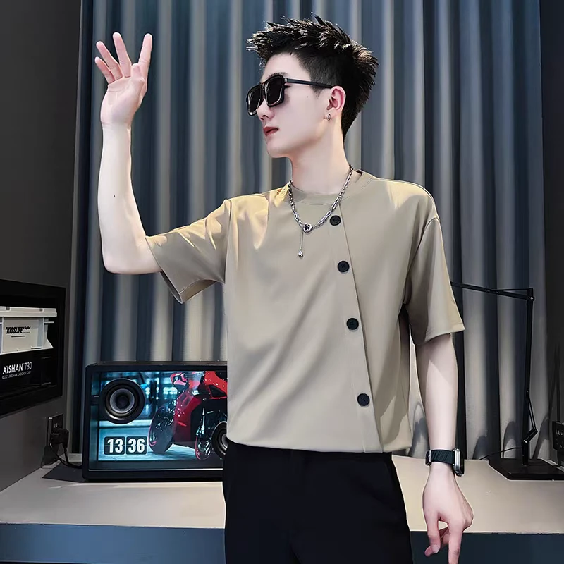 高级感短袖男夏季潮牌休闲百搭排扣T恤2025新款男士夏装百搭体恤i