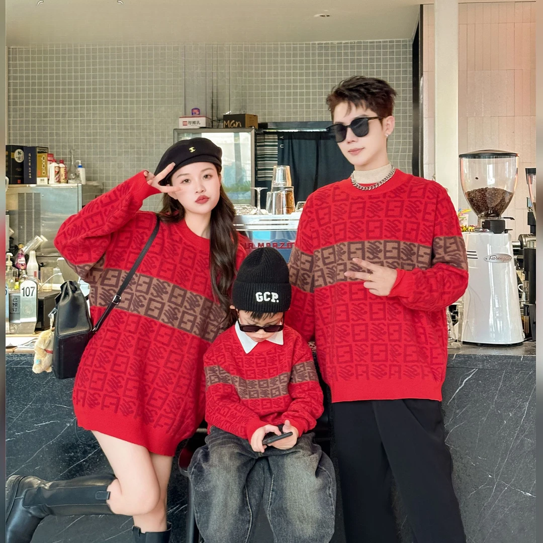 秋冬拜年服新年本命年红色亲子装毛衣一家三四口过年服2066