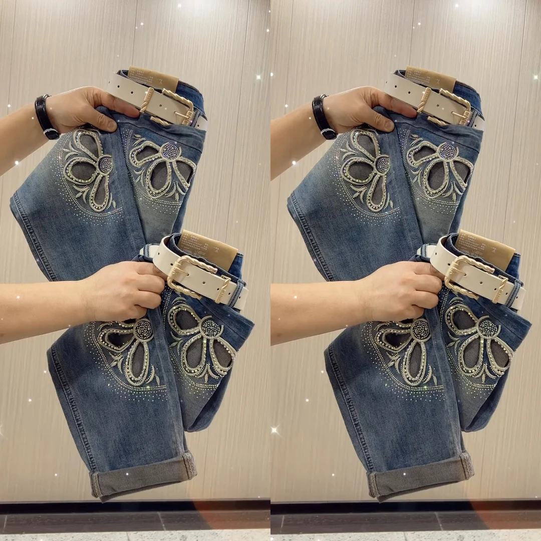 Aimeerosa/艾洛莎2025春夏新款时尚镂空八分牛仔裤高腰弹力直筒裤