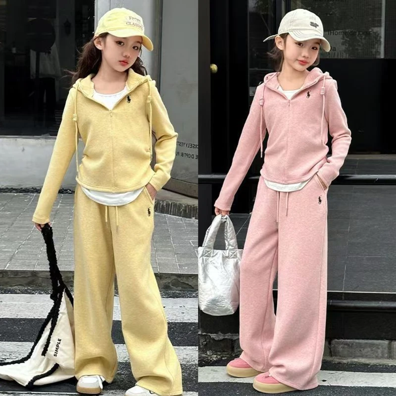 女童春季套装2025新款女中大儿童春秋款时髦洋气连帽假卫衣两件套