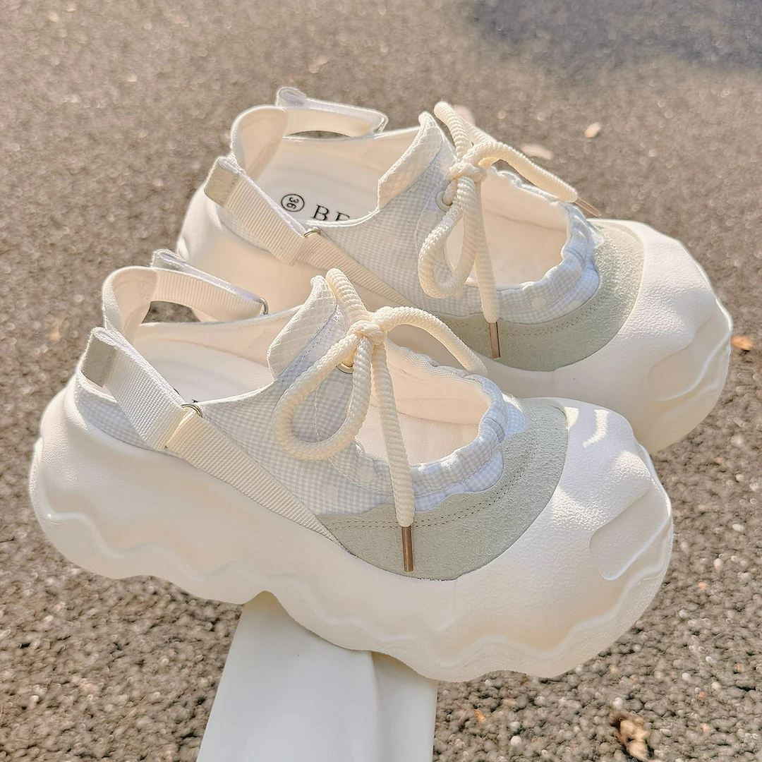 Moleubak夏季镂空透气女鞋厚底凉鞋泡芙小白鞋配裙子百搭休闲鞋