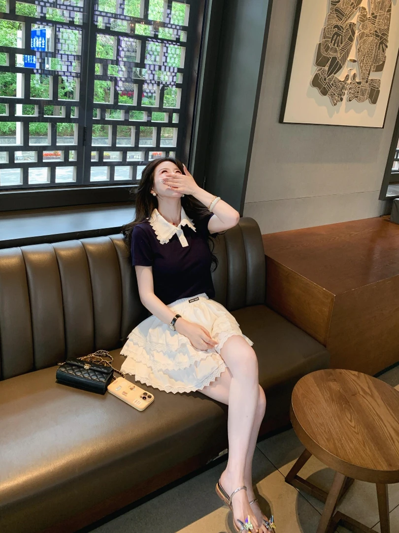 2025夏季新款韩系穿搭时尚翻领蕾丝上衣搭配高腰短款蛋糕裙两件套