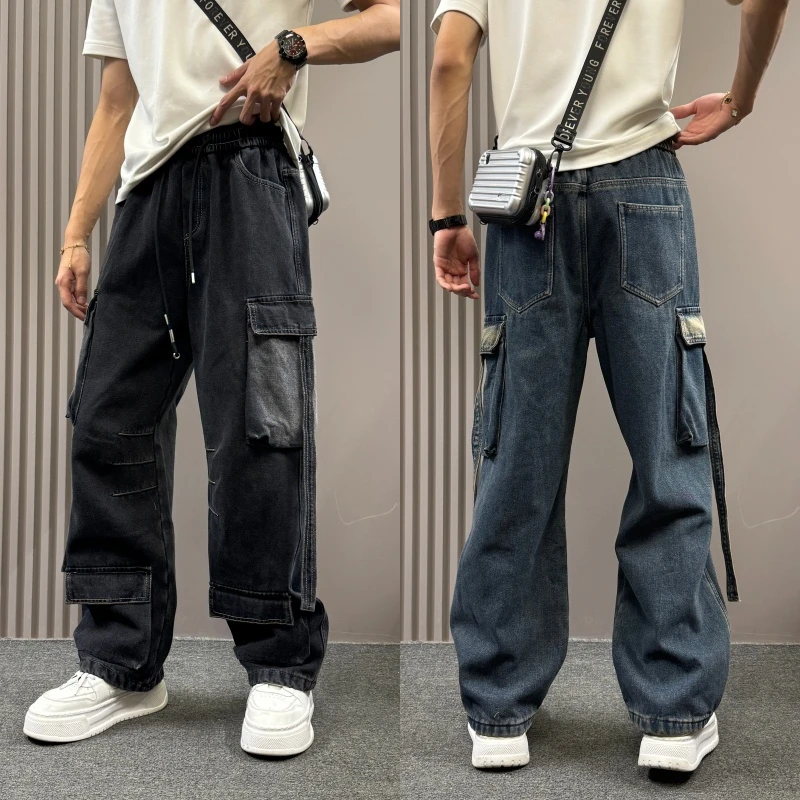 复古重工做旧工装牛仔裤男潮牌多口袋设计宽松直筒阔腿百搭牛仔裤