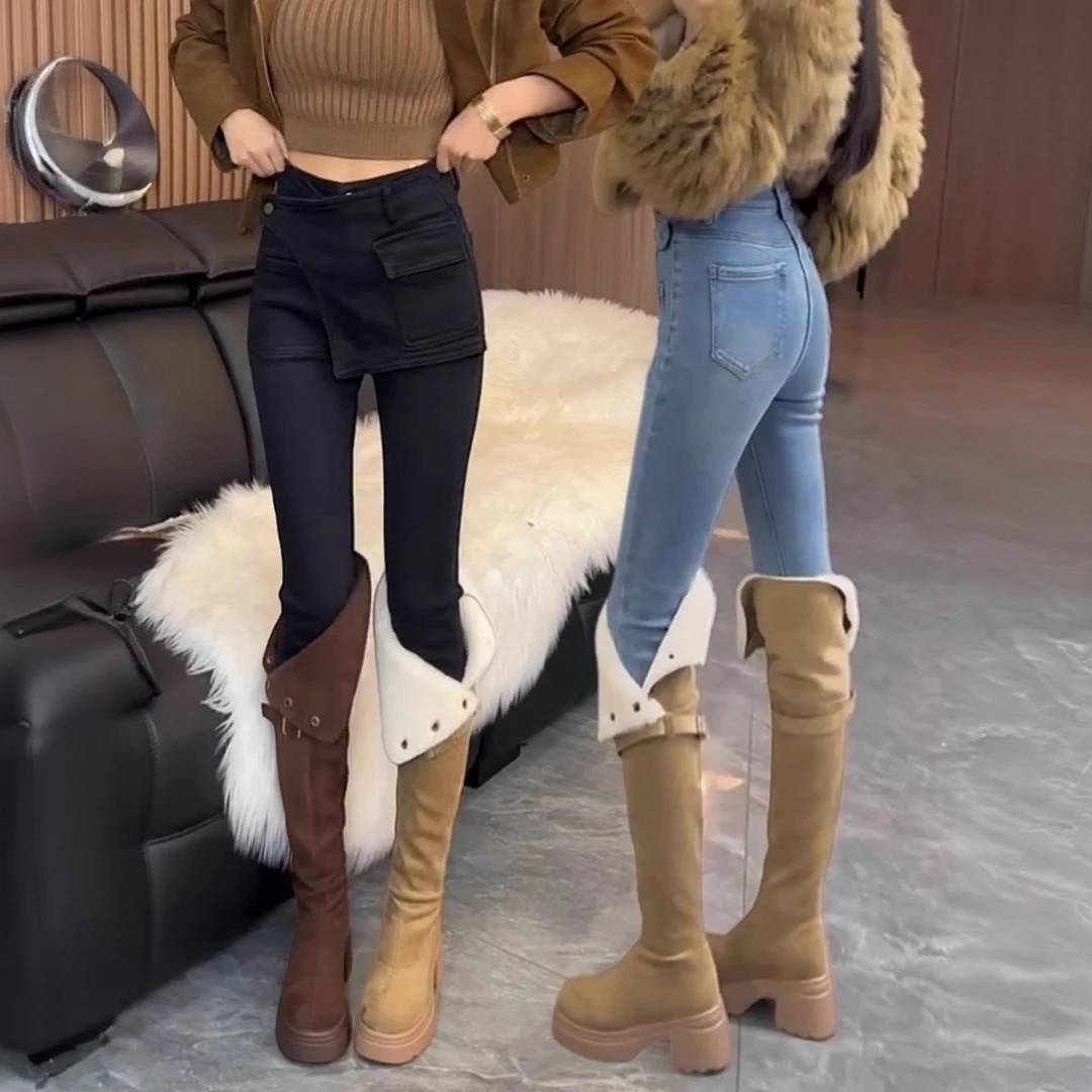 2025秋冬新款加绒假两件小脚牛仔裤女大码高腰显瘦弹力九分铅笔裤