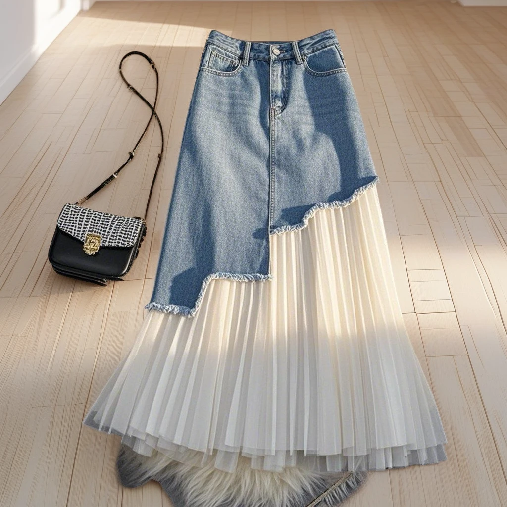 气质夏日新款蓝色拼接设计感多巴胺半身牛仔A字裙子设计感不撞款