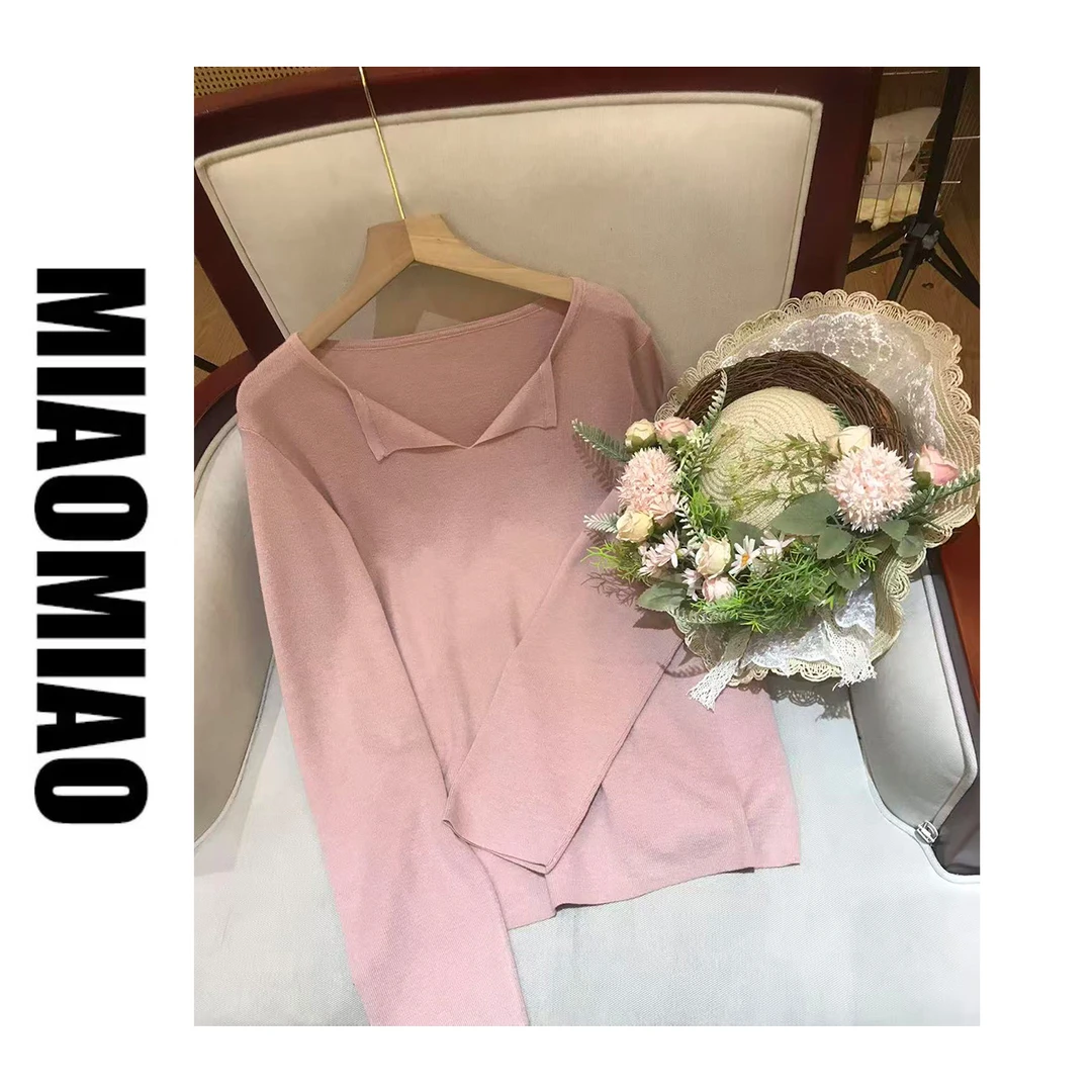 【大码】6108秋季简约新款翻边V领长袖针织衫大码多色显瘦百搭上衣