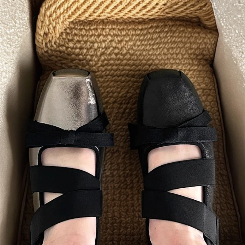 hunnz轻奢百搭时尚芭蕾风蝴蝶结玛丽珍单鞋女银色浅口方头平底鞋