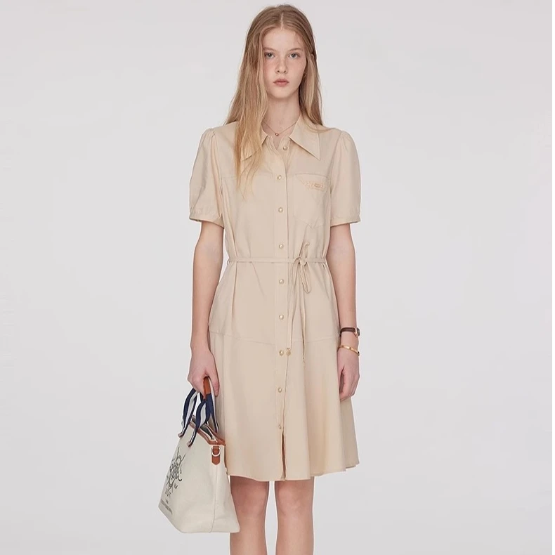 TeenieWeenie小熊连衣裙2025夏季气质翻领通勤短袖裙TTOW252502W