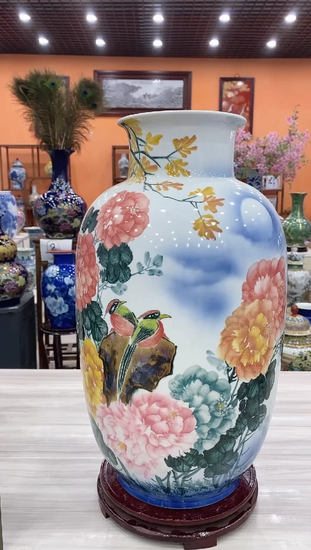 摆件啸鹏《花开富贵》冬瓜瓶+旋转底座
