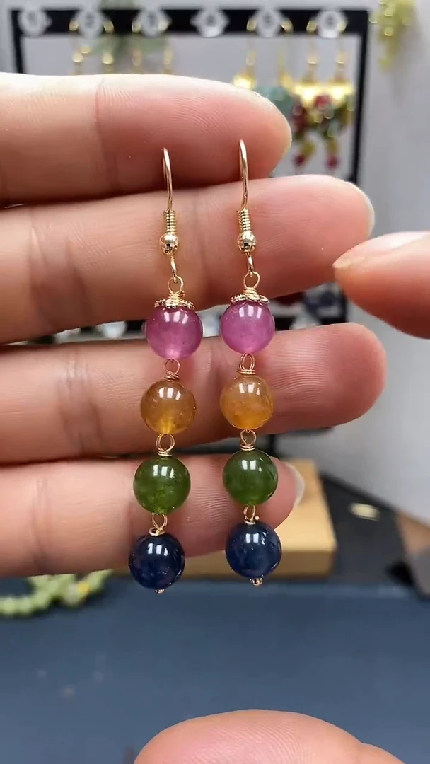 碧玺耳饰银S925镀金镶嵌尺寸8mm连珠03