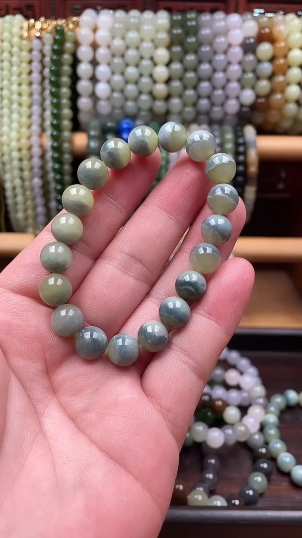 未镶嵌手串和田玉蓝皮黄口聚宝盆卡十圆珠单圈手串