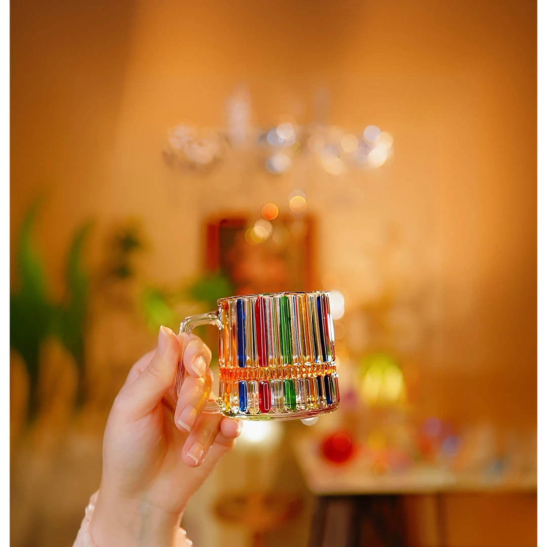 人工彩绘竖条纹彩色玻璃杯果汁杯