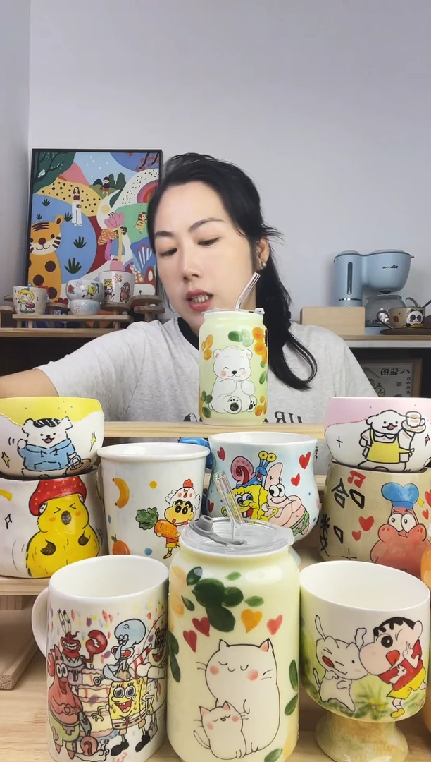 瓷片景德镇高温釉下彩陶瓷手绘卡通动物创意