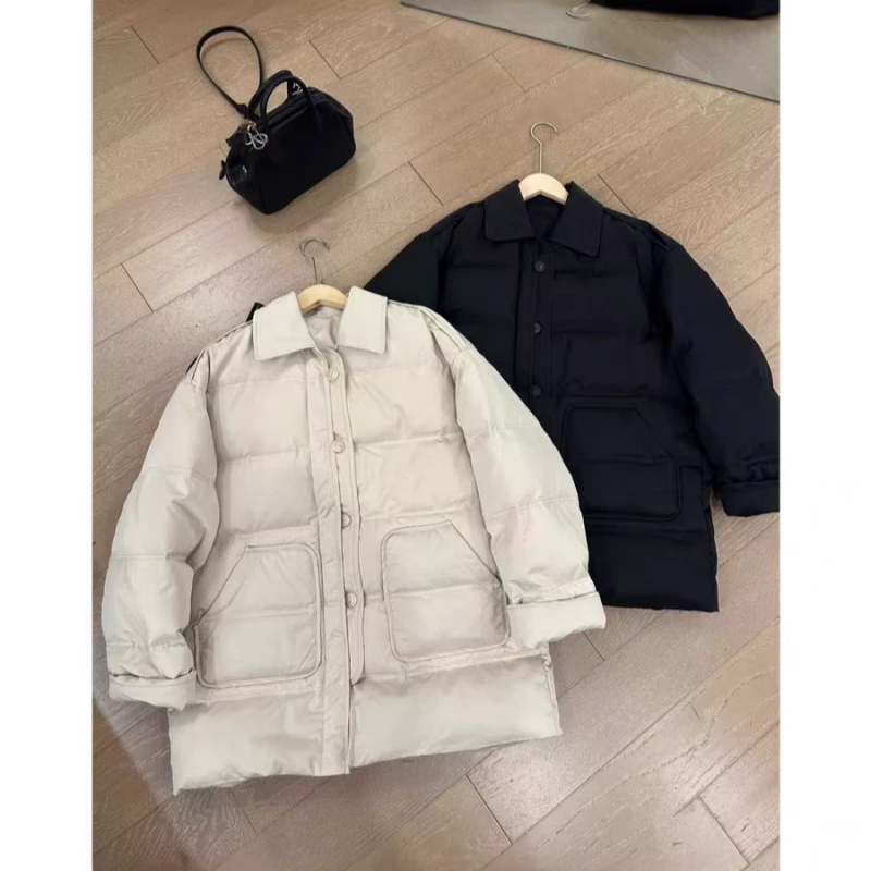 冬欧货立领双口袋系带工装风白鸭绒休闲派克羽绒服风衣外套8791