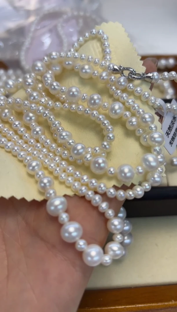 颈饰银S925镶嵌淡水珍珠大小珠毛衣链