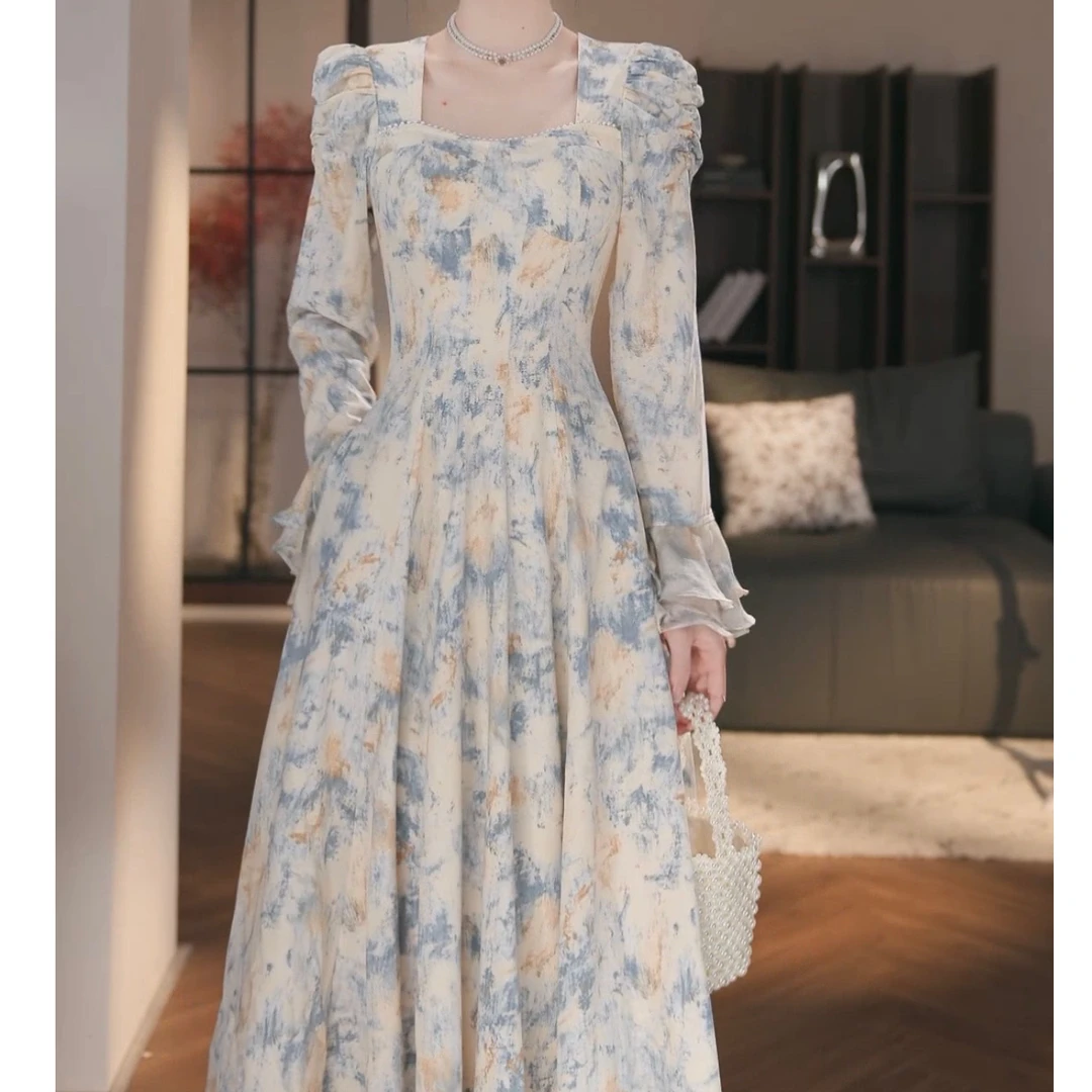 Meika-【奔赴山海】秋季新款法式气质时尚复古设计感显瘦方领连衣裙