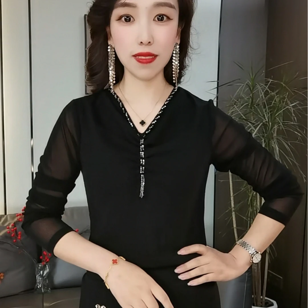 春夏洋气V领气质百搭显瘦长袖小衫