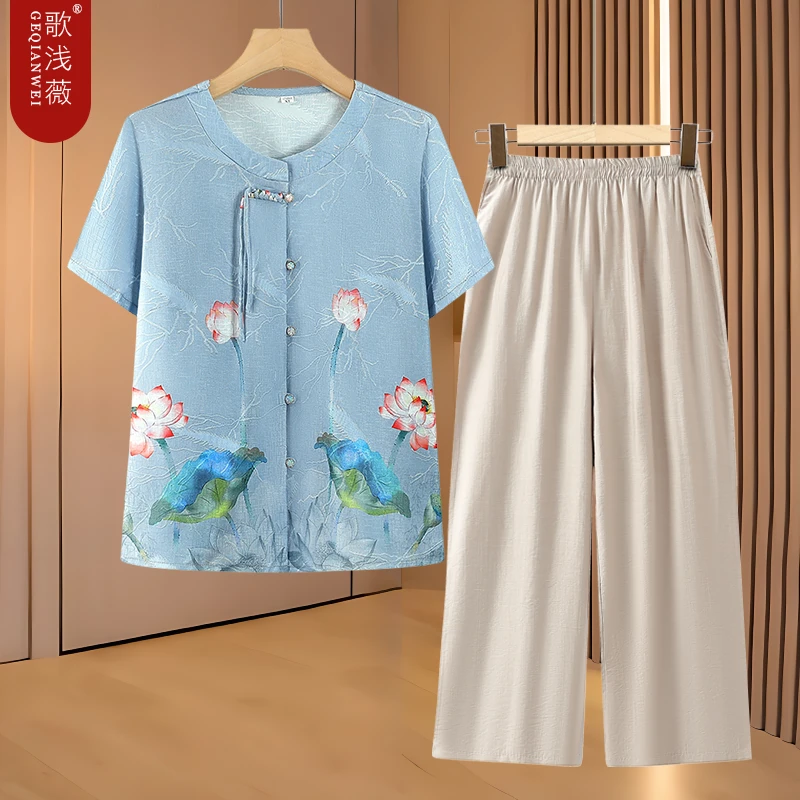 中老年人夏装女奶奶短袖T恤妈妈冰丝开衫老人中国风新款舒适圆领