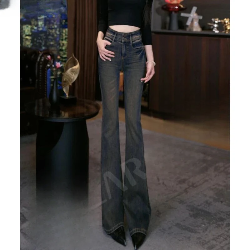 复古港风脏染高腰百搭微喇叭牛仔裤女2025秋季显高显瘦直筒微喇裤