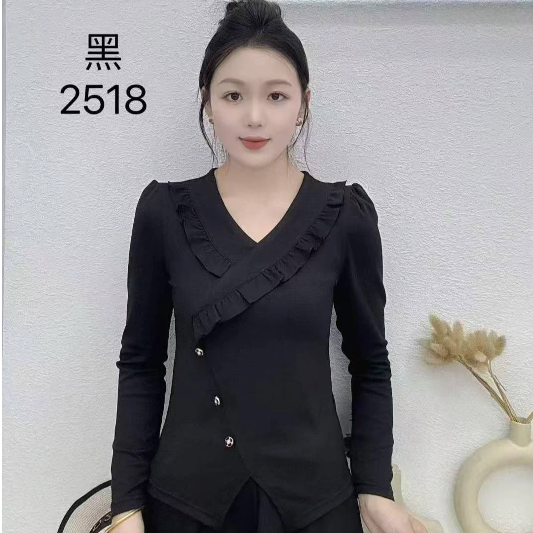 2025秋冬新款不规则T恤长袖打底针织V领法式百搭拼接T恤女