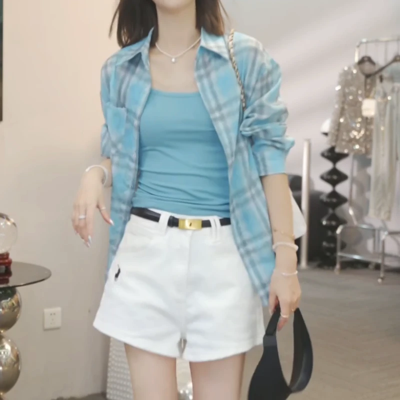 2025春季新款设计感百搭衬衫+牛仔短裤+显瘦背心套装LK2503268