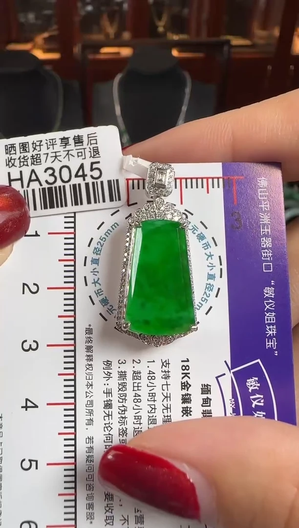 颈饰18K金镶嵌翡翠HA3045冰辣绿无事牌