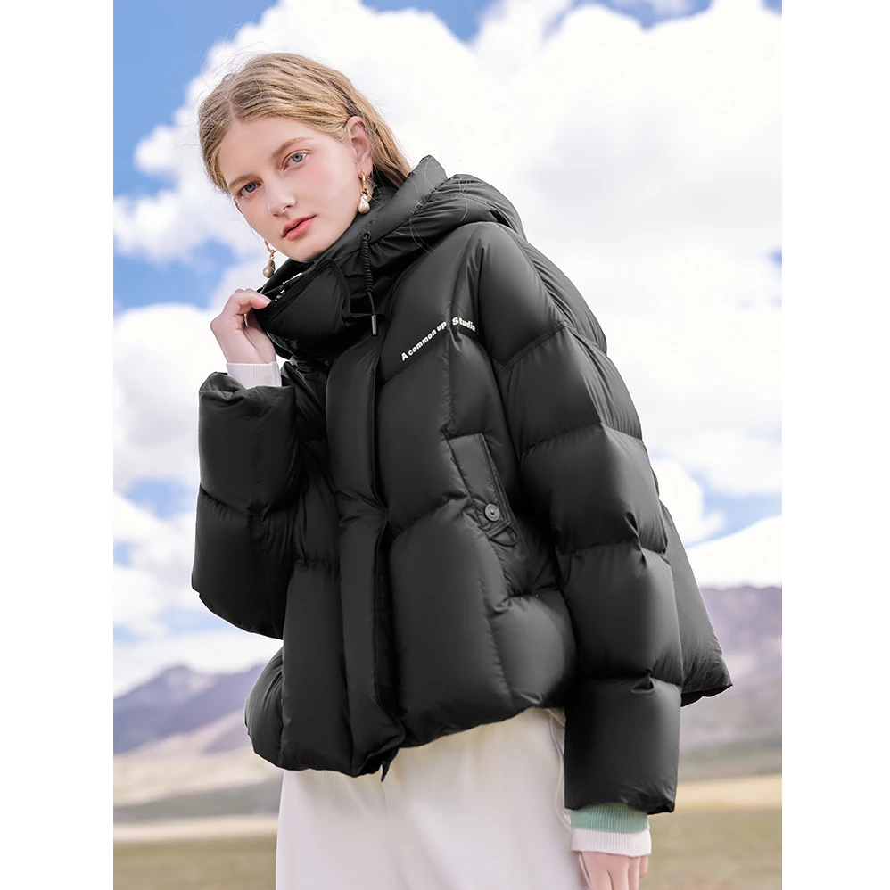 秋水伊人时尚连帽鹅绒羽绒服女装宽松廓形面包服女624408C150062
