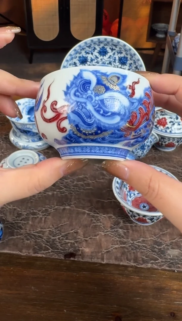 杯子陶瓷永明尚玩青花釉里红醒狮主人杯