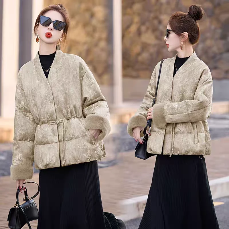 191新中式国风外套女小个子设计感高端洋气毛毛袖棉服保暖棉袄