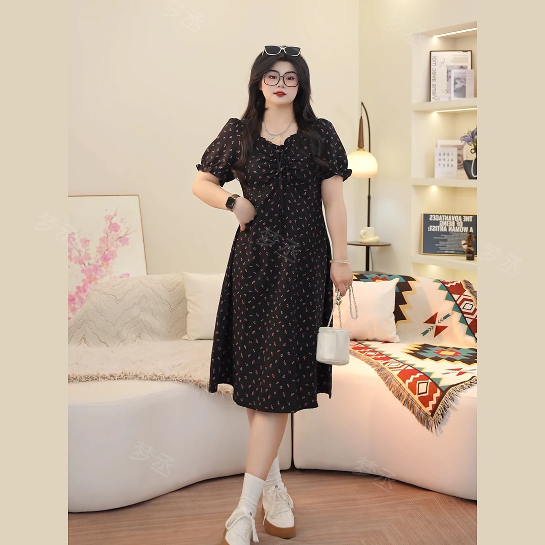 梦丞【蔷薇世纪】大码女装夏季绑带碎花气质长裙宽松时尚短袖连衣裙