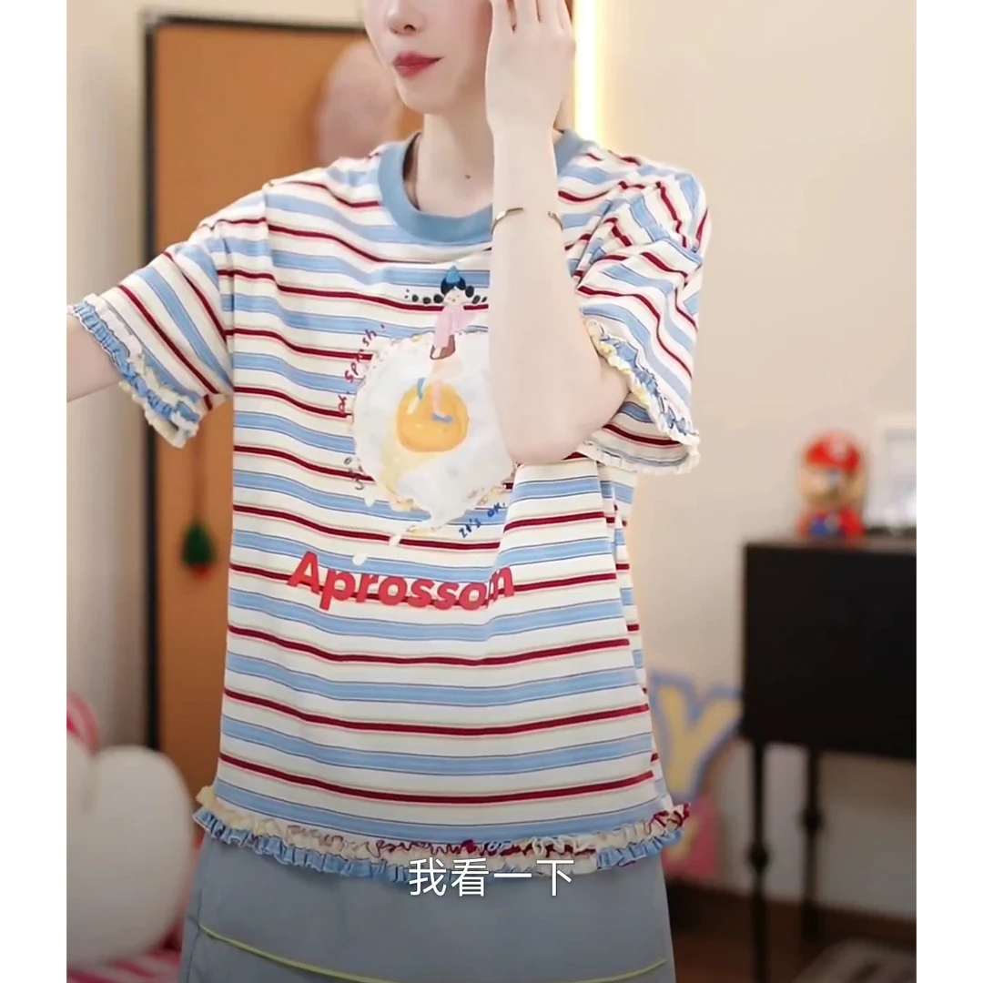 正肩撞色条纹花边荷包蛋印花短袖T恤女夏季新款复古减龄圆领上衣