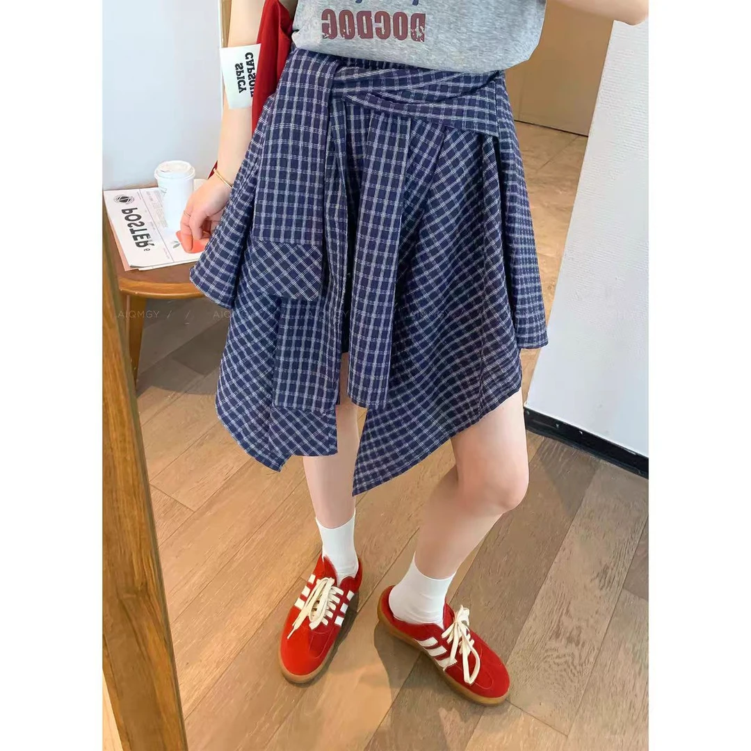 韩系休闲运动百搭系绑带格子半裙辣妹风不规则设计A字裙-0121