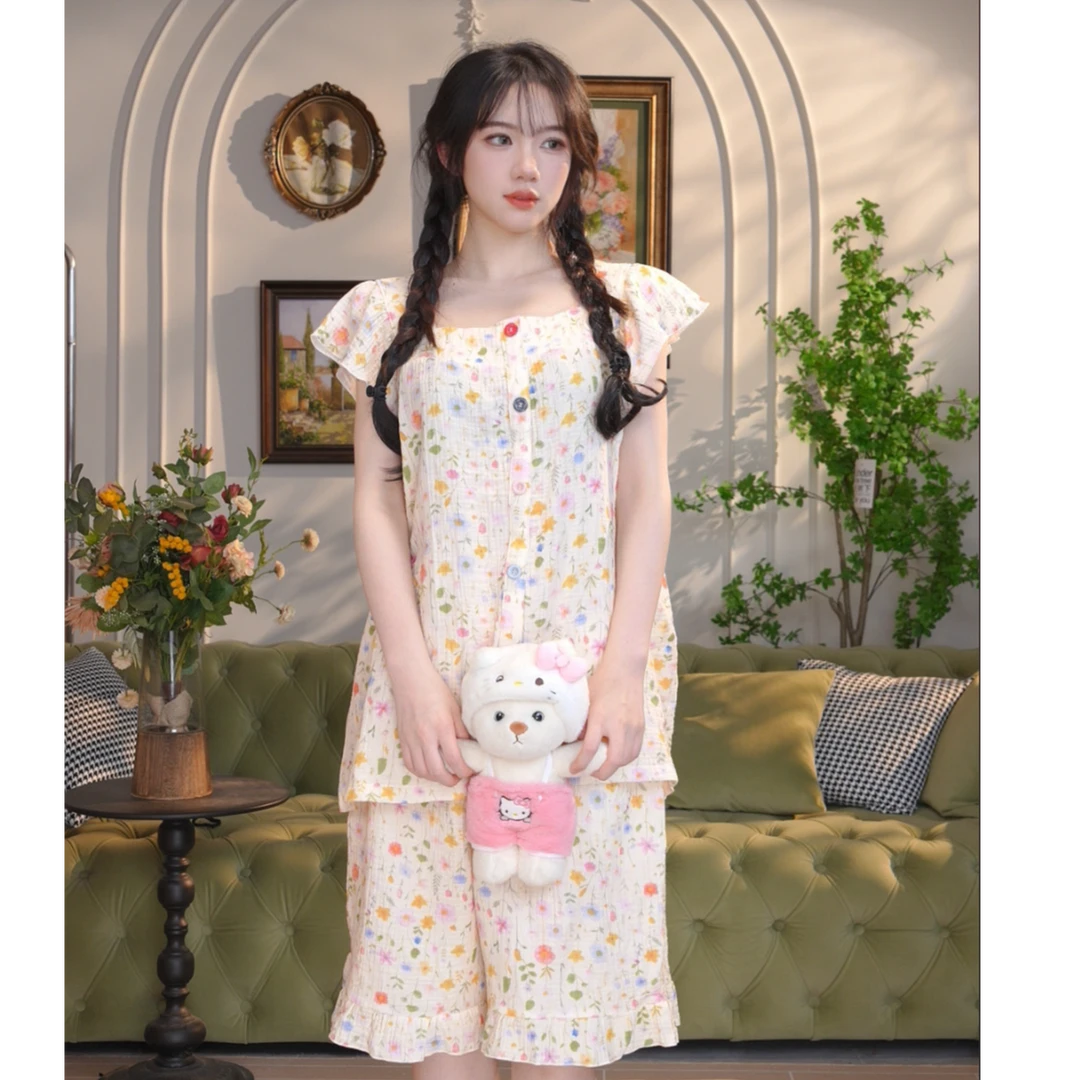 夏季纯棉睡衣女春夏胖mm薄款小飞袖孕妈妈宽松休闲系带家居服套装