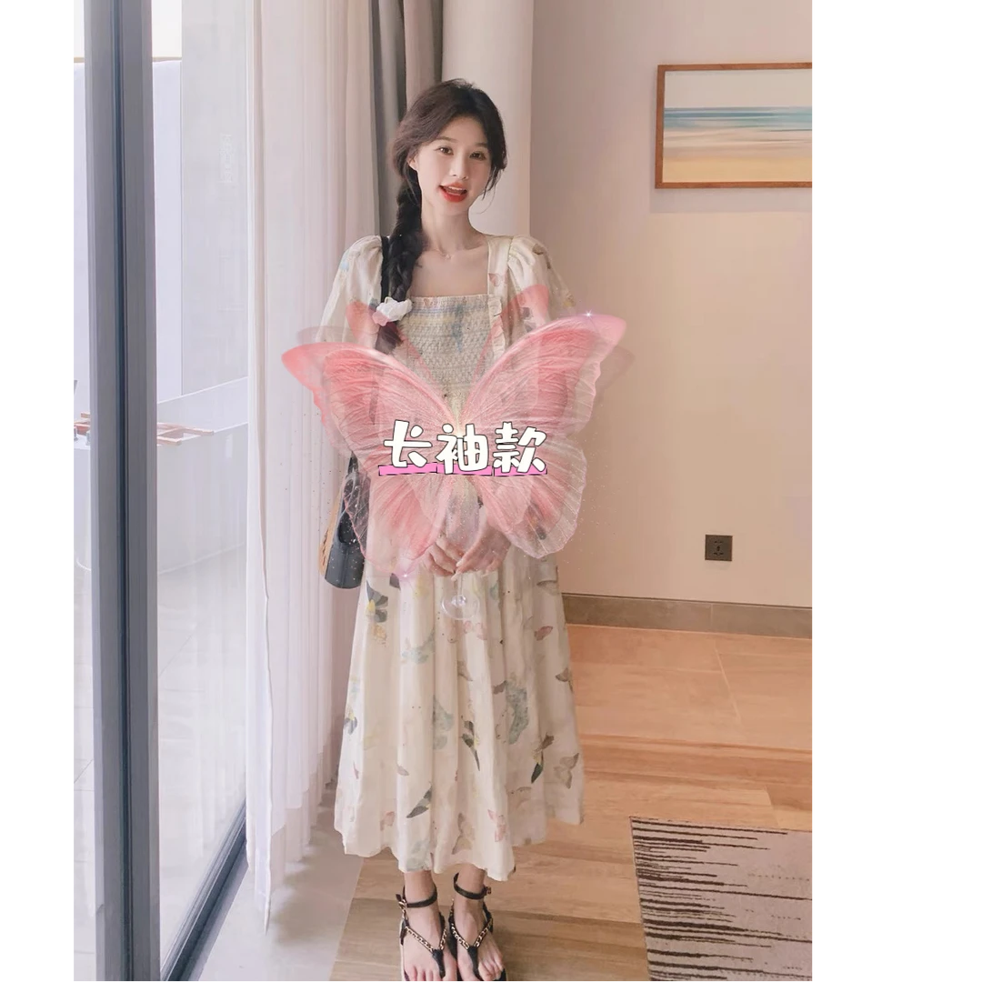 35-2024新款满印蝴蝶印花长袖款带胸垫可家居可外穿睡裙