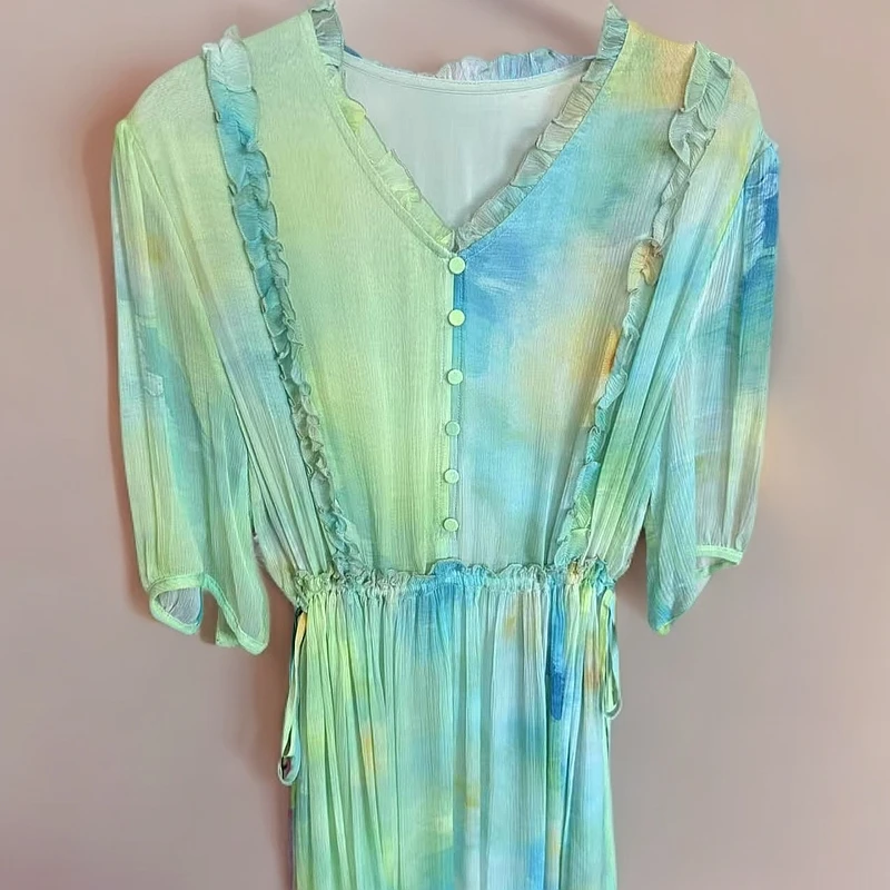 绿色碎花桑蚕丝连衣裙123 XXL码