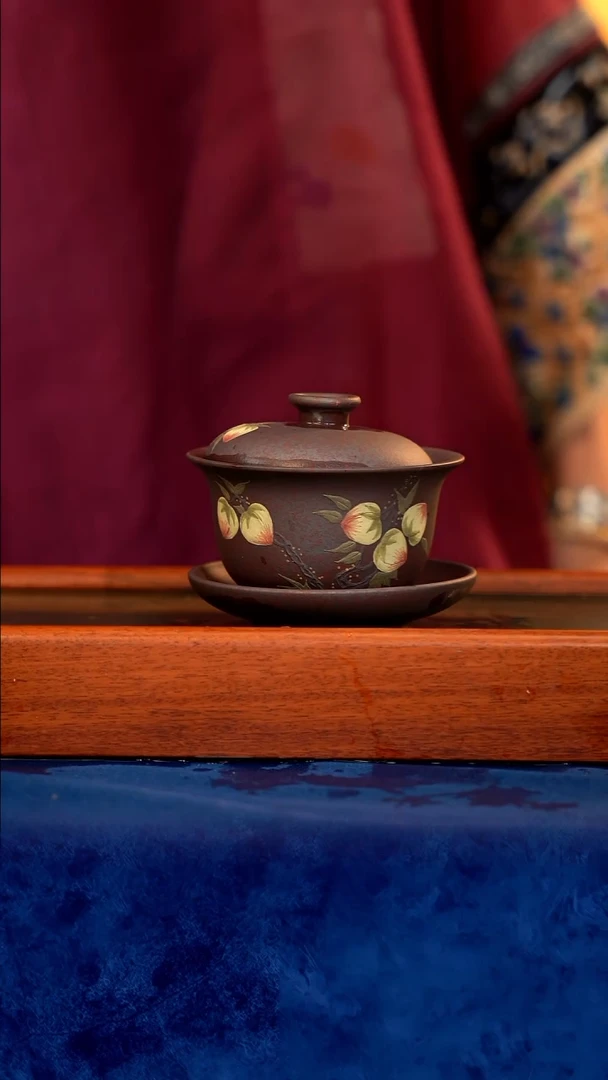 紫砂 宜兴紫砂  三才盖碗 桃