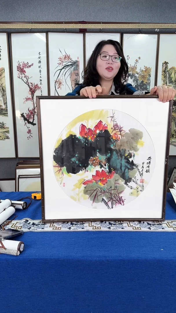 国画（荷花图）实木画框 60*60