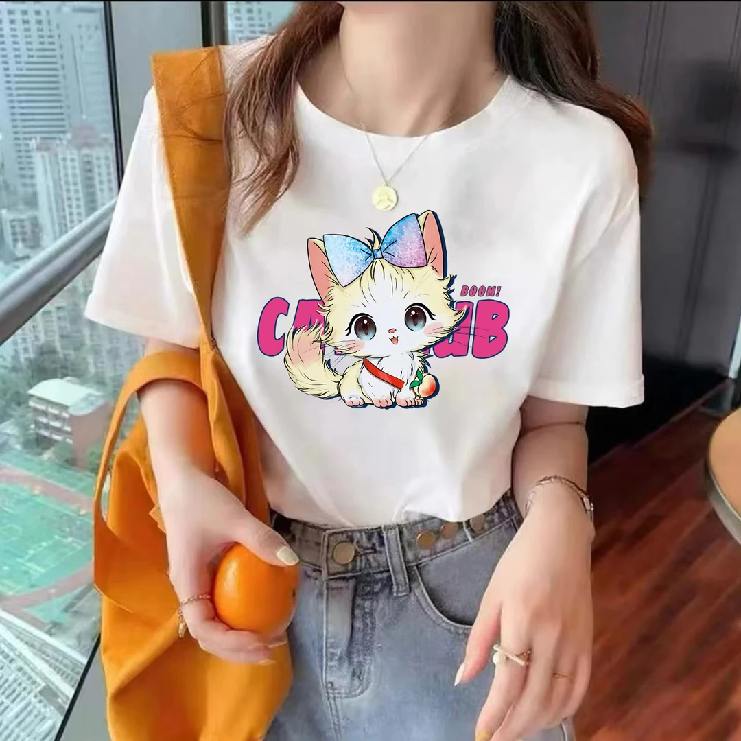 夏天时尚百搭休闲印花设计感短袖-蜜桃小猫