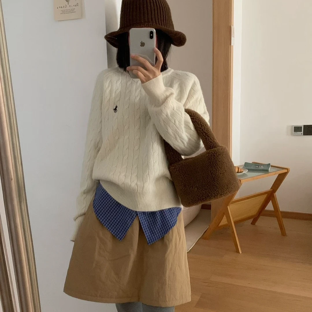 （G740）经典麻花圆领毛衣女秋冬新款宽松套头针织衫纯色显瘦打底衫